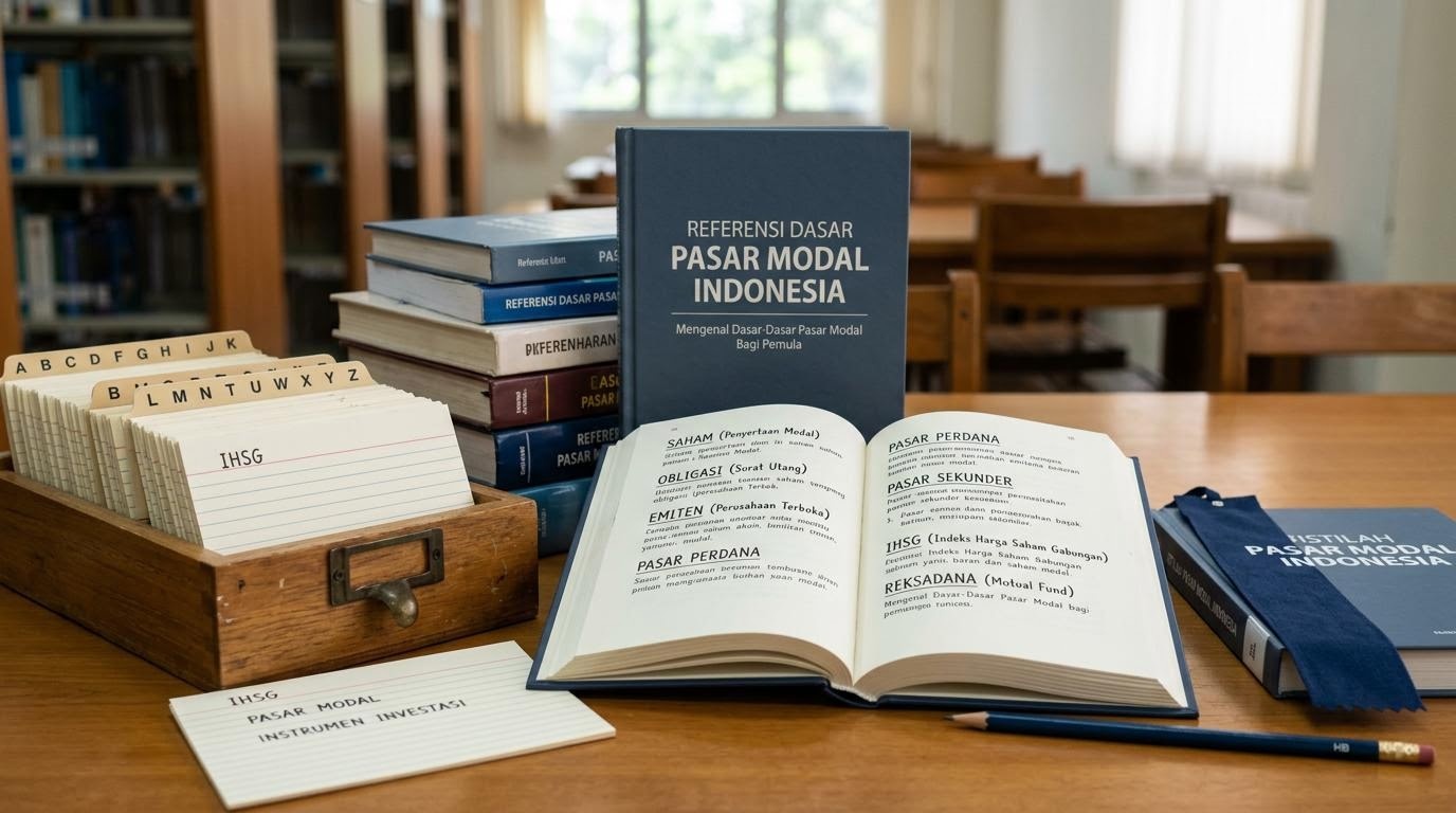 Tumpukan kartu indeks dan buku rujukan dasar pasar modal di meja referensi