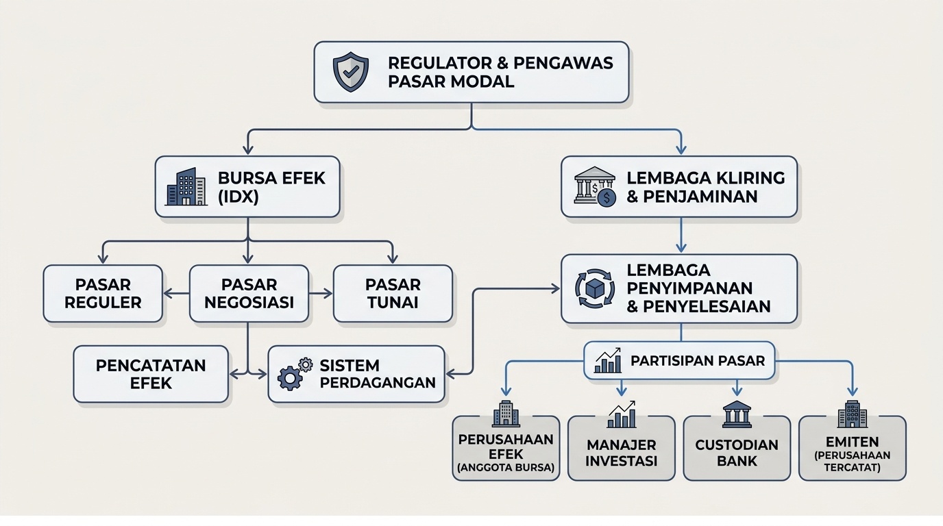 Diagram struktur Bursa Efek Indonesia dan lembaga terkait sebagai acuan belajar
